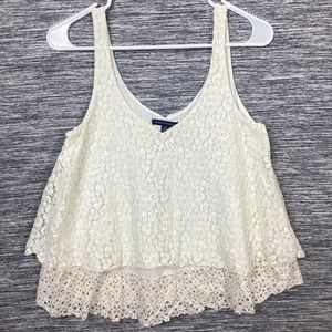 American Eagle Outfitters Women’s Cream Lace Sleeveless Tiered Button Babydoll